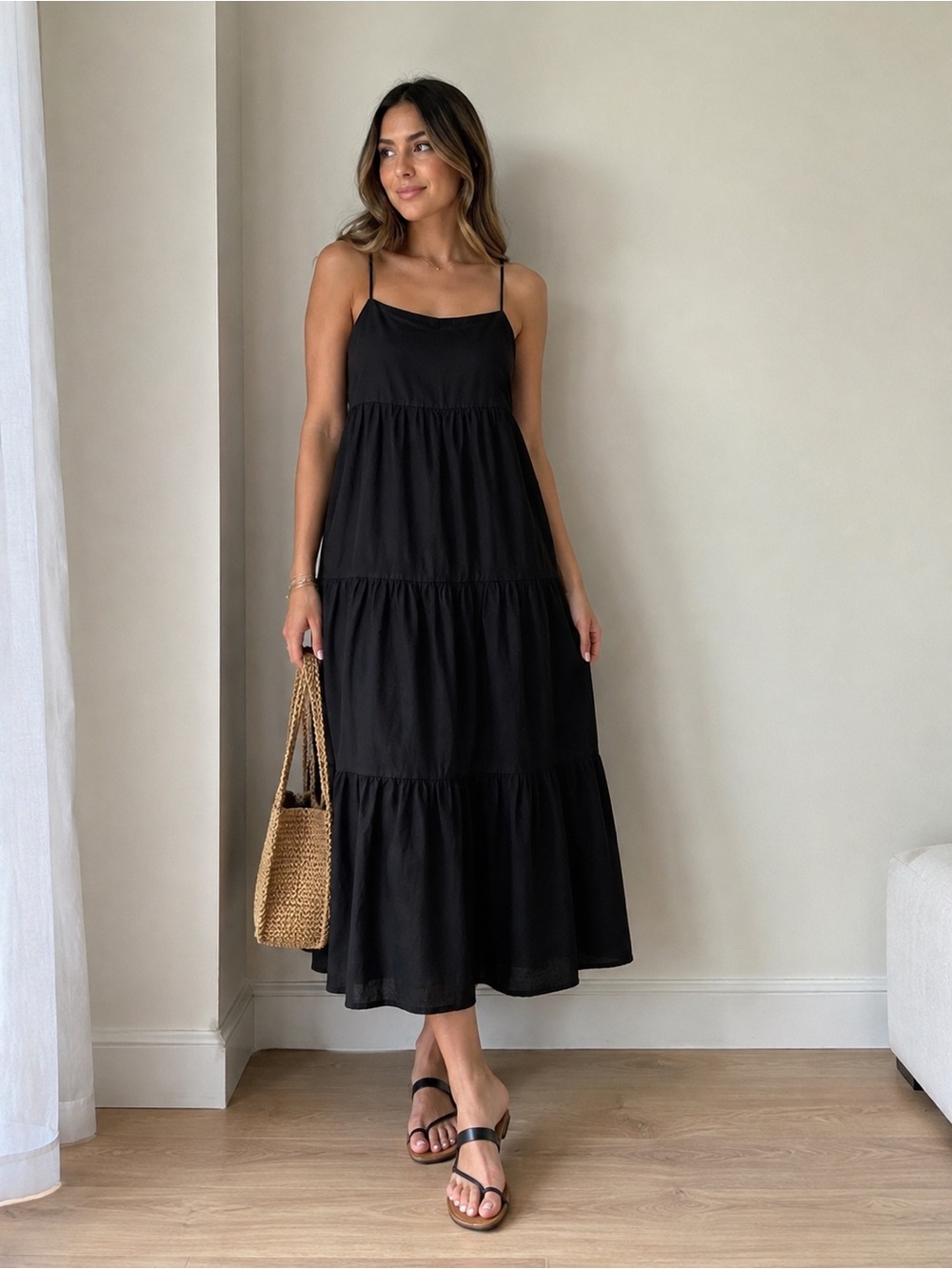 GAP Black Spaghetti-Strap Tiered Maxi Dress